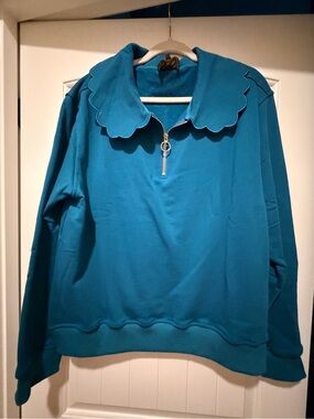 Scalloped Collar Quarter-Zip Sweatshirt - Teal